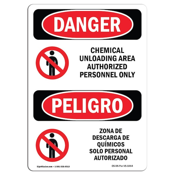 Safety Sign, OSHA Danger, 5" Height, Chemical Unloading Area Authorized Spanish, 10PK